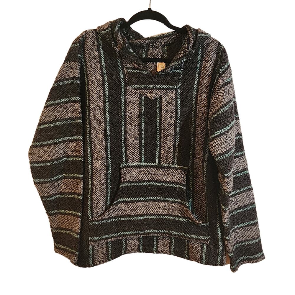 Mexican‎ Aztec Burlap Drug Rug Hoodie Sweatshirt Women's Size Large Gray Green